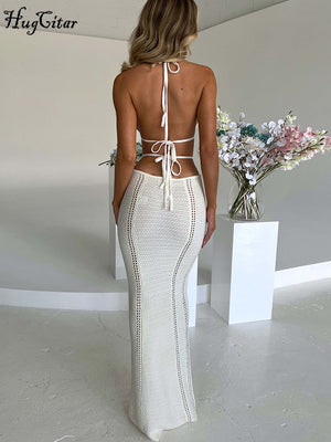 Backless Solid Hollow Out Bandage Sexy Slim Maxi