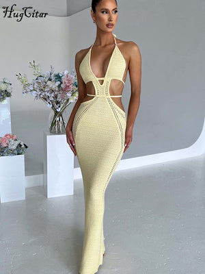 Backless Solid Hollow Out Bandage Sexy Slim Maxi