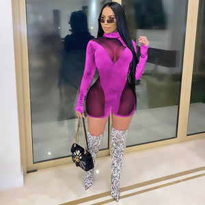 Long Sleeve Bodycon See Through Short Jumpsuit