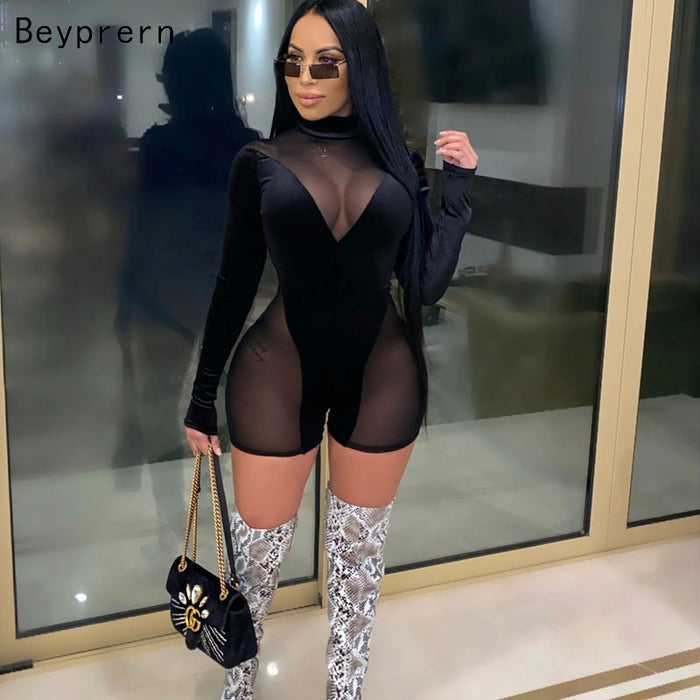 Long Sleeve Bodycon See Through Short Jumpsuit