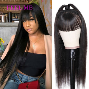 Straight Human Hair Wigs With Bangs Natural Color