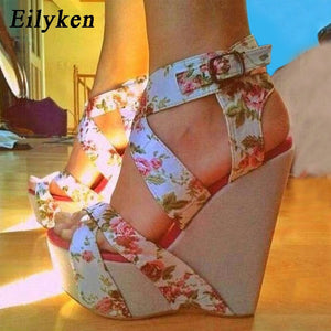 Print Flower Fabric high heels Wedges Sandals