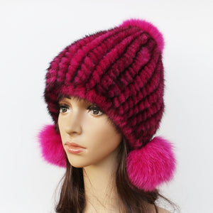 Fashion Women Real mink hat  fox fur ball cap