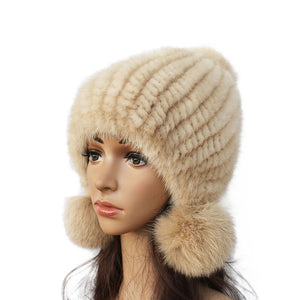 Fashion Women Real mink hat  fox fur ball cap