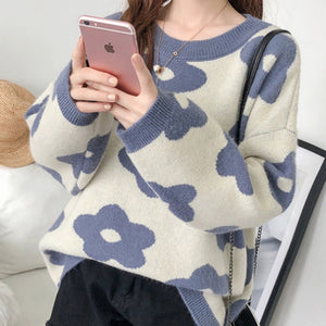Korean Style Women's Autumn Spring Sweaters Loose Printing Knitted Jumpers