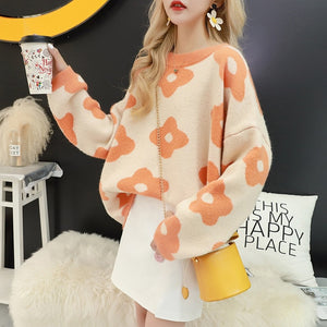 Korean Style Women's Autumn Spring Sweaters Loose Printing Knitted Jumpers