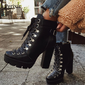 Women's leather platform ankle boots,